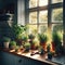 An array of potted herbs sit on the window sill to catch early morning sun