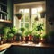 An array of potted herbs sit on the window sill to catch early morning sun