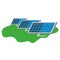 Array of solar cell panels on green field. Solar power plant illustration. Photovoltaic solar power panels, alternative power