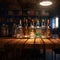 Array of tequila bottles on a wooden bar table in a bar setting, AI-generated.