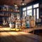 Array of tequila bottles on a wooden bar table in a bar setting, AI-generated.