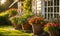 An array of terracotta flowerpots cradling an assortment of colorful flowers, captured with a shallow depth of field