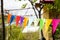 Array of vibrant pennants adorning the trees outside a residence.