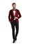 Arrogant fashion man wearing red velvet tuxedo