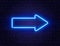 Arrow blue neon on brick wall. Realistic shining signboard. Glowing arrow pointer icon. Color neon banner. Night bright