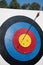 Arrow in the center of target for archery, closeup