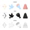 Arrow cupid, dove, bouquet of flowers, wedding cake. Weddin gset collection icons in cartoon,black,outline style vector