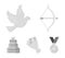 Arrow cupid, dove, bouquet of flowers, wedding cake. Weddin gset collection icons in monochrome style vector symbol