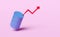 Arrow graph 3d with blue oil barrel icon isolated on pink background. petroleum oil industry, oil market business, 200 liters oil