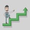 Arrow graph going up and businessman going up with case rises to top step of stairs