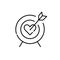 Arrow hitting heart bulls eye. Romantic attraction love relationship. Pixel perfect, editable stroke icon