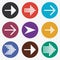 Arrow icon set. White guides, cursor, colorful buttons with pointer.