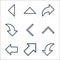 arrow line icons. linear set. quality vector line set such as downward arrow, up right arrow, left, upward left, downward turn