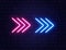 Arrow neon on brick wall. Realistic shining signboard. Glowing arrow pointers icon. Color neon banner. Night bright