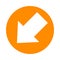 Arrow pointing left down in circle orange for icon flat isolated on white, circle with arrow for button interface app, arrow sign