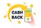 Arrow returned gold coins and cash back iscription on smartphone screen. Cashback loyalty program concept. Saving money.