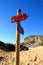 Arrowed signpost showing directions and distances. Fuerteventura, Spain