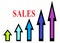 Arrows with bold black outlines and multiple colors of different sizes pointing upwards and the word sales in red