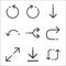 Arrows line icons. linear set. quality vector line set such as recycle, download, expand arrows, returning, junction, return, down