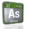 Arsenic symbol in square shape with metallic border and transparent background with reflection on the floor. 3D render