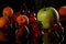 Art abstract market background fruits on a wooden background fruit garden, ingredients, green, basket, wood, orchard, shop,