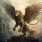 Art of a beautiful myth monster, winged lion, Half lion, half Eagle. Fierce flying monster, guardian. Illustration of a fantasy