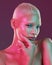 Art, beauty and portrait woman with neon makeup and lights for creative advertising on studio background. Cyberpunk, gen