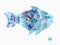 Art blue fish with scales as an leaves. Hand drawn illustration on white background. Floral fish creative design.