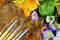 Art brushes on the background of summer garden flowers.  Art brushes of different sizes for drawing and design. Garden flowers