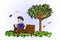 Art cartoon alone man on long chair in nature garden