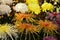 The art of chrysanthemum, traditional three-piece display Kyoto Japan.
