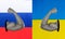 Art collage, Contemporary art collage. Ukrainian and Russian flags on the background of strong arms