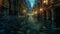 An art composition of a flooded old European city in dark tones. Art Picture of the old buildings after floods. Illustration of a