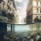 An art composition of a flooded old European city in matte tones. Underwater view through the old buildings in Paris.