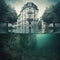 An art composition of a flooded old European city in matte tones. Underwater view through the old buildings in Paris.