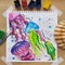 Art craft, how to paint sea jellyfish, watercolor workshop, how to drawing by hand. Flat lay top view. Paint picture