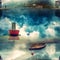 art creative abstract image with elements of sky, lake and boat, seamless texture made with Generative AI