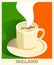Art deco coffee poster with flag Ireland. Coffee vintage concept. National coffee shop, cafe, restaurant, bar.