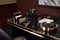 art deco desk, with leather writing pad and fountain pen, in sleek and functional workspace