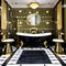 Art Deco Extravaganza: A glamorous bathroom with black and gold accents, geometric tiles, and a freestanding clawfoot bathtub1,