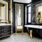 Art Deco Extravaganza: A glamorous bathroom with black and gold accents, geometric tiles, and a freestanding clawfoot bathtub2,