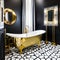 Art Deco Extravaganza: A glamorous bathroom with black and gold accents, geometric tiles, and a freestanding clawfoot bathtub4,