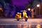 Art Deco-Inspired Scooter Parked Under a Bright Street Light: Exotic, Yellow and Violet Seaside Scene with Adorable Toy Vibe. AI