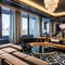 Art Deco Lounge: An opulent art deco lounge with geometric patterns, mirrored surfaces, and a luxurious velvet sectional sofa fo