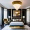 Art Deco Opulence: A luxurious bedroom adorned with gold accents, mirrored furniture, and plush velvet upholstery An art deco ch