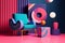 art display interior armchair geometric home design colourful sofa room memphis. Generative AI.