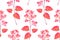 Art floral vector seamless pattern. Delicate pink flowers, red watercolor leaves