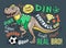 Art. Football print. Cute dinosaur plays soccer on a gray background. Vector illustration. T-rex