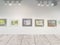 Art gallery of creative painting on the wall with wooden table foreground for display products advertising background