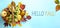 Art Hello fall message with Autumn leaves, seasonal fruit and Warm scarf on a blue background